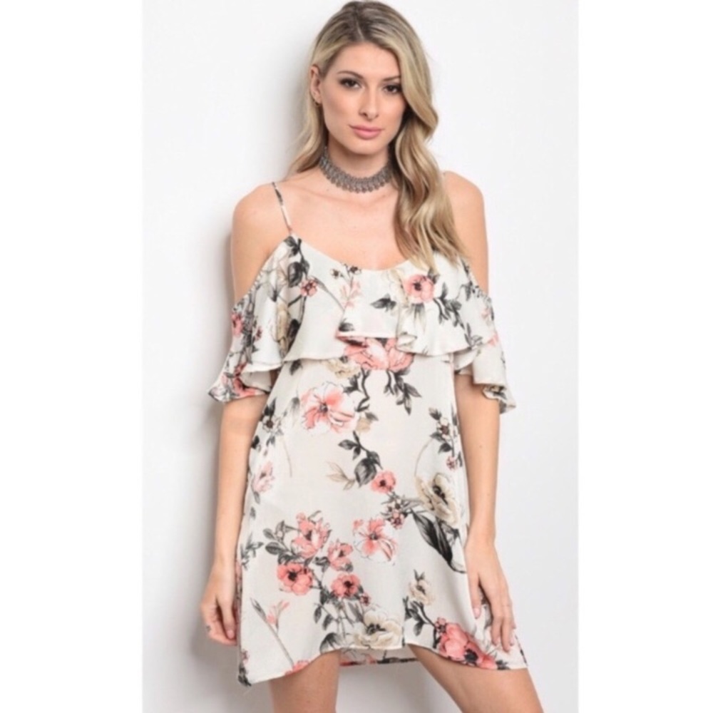 Floral Cream Cold Shoulder Ruffle Dress